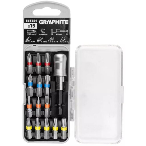 Plastikowe etui zawiera zestaw 15 bitów GRAPHITE 56T554, ułożonych w trzech rzędach, z kolorowymi oznaczeniami na końcówkach. Na górze etui widnieje napis "GRAPHITE" oraz informacje: "56T554", "x15", "MAGNETIC", "65 mm", "3 x PH", "3 x PZ", "5 x TX", "3 x