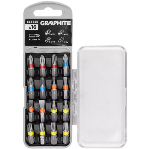 Zestaw bitów GRAPHITE 56T556 (16 szt.) znajduje się w otwartym, przezroczystym etui, z widocznymi kolorowymi oznaczeniami na bitach. Na opakowaniu widnieje napis: "56T556 GRAPHITE x16, 3 x PH, 3 x PZ, 6 x TX, 4 x SL, 25 mm".