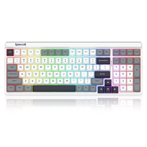 Na zdjęciu znajduje się klawiatura z podświetleniem RGB, z widocznym logo "REDRAGON" w lewym górnym rogu. Klawisze są w różnych kolorach, a na klawiaturze widoczne są standardowe oznaczenia klawiszy, takie jak "ESC", "F1-F12", "BACKSPACE", "ENTER", oraz k