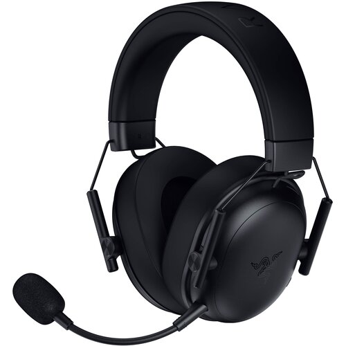 Czarne, bezprzewodowe słuchawki nauszne z mikrofonem, z widocznym logo producenta na nauszniku. Produkt opisany jako "Słuchawki RAZER BlackShark V3 X HyperSpeed Bezprzewodowe, Nauszne, Dźwięk przestrzenny Czarny".