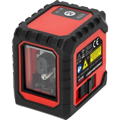 Czerwono-czarny laser krzyżowy z widocznym okienkiem na mechanizm wewnętrzny, oznaczeniami IP54, CE oraz ostrzeżeniem o promieniowaniu laserowym. Na urządzeniu znajdują się napisy: "15195", "G60", "20242-S2426", "3.0V (DC) 2x1.5V AA", "LASER KRZYŻOWY".