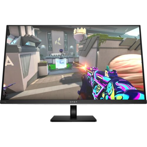 Monitor wyświetla dynamiczną scenę z gry wideo, przedstawiającą kolorową broń i futurystyczne otoczenie. Na obudowie monitora widoczne jest logo "OMEN".