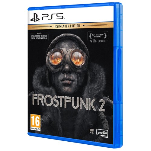 Okładka gry "Frostpunk 2 - Icebreaker Edition" na PS5 przedstawia postać w goglach z odbiciem ognia, ubranej w futrzany kaptur. Na okładce widnieją napisy: "INCLUDES: NEW LONDON POP-UP DIORAMA, DIGITAL ARTBOOK & NOVELLA", "BEST STRATEGY/SIM GAME", "16", "