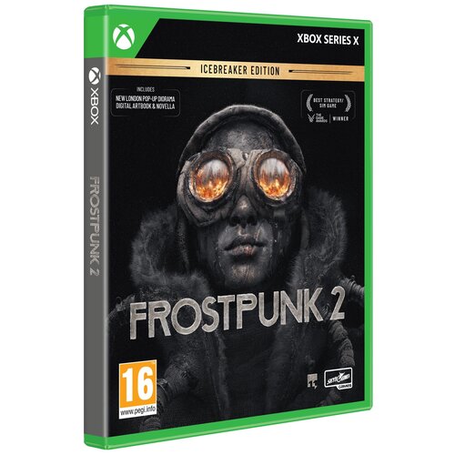 Okładka gry "Frostpunk 2 - Icebreaker Edition" na Xbox Series X przedstawia postać w goglach z odbiciem płomieni, ubranej w futrzaną odzież. Na okładce widnieją napisy: "FROSTPUNK 2", "ICEBREAKER EDITION", "INCLUDES NEW LONDON POP-UP DIORAMA DIGITAL ARTBO