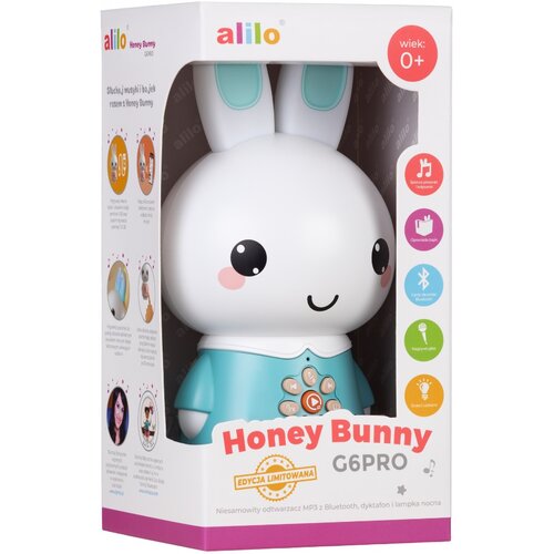 Opakowanie zabawki edukacyjnej w kształcie królika z dużymi oczami i turkusowym ubrankiem, z widocznymi napisami: "alilo", "Honey Bunny G6PRO", "wiek: 0+", "Edycja limitowana", oraz ikonami funkcji, takimi jak odtwarzacz MP3, Bluetooth, dyktafon i lampka 