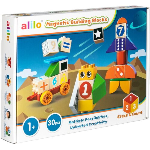 Pudełko z klockami magnetycznymi marki alilo, przedstawiające kolorowe konstrukcje z klocków, takie jak rakieta i pojazd, z napisami "Magnetic Building Blocks", "Multiple Possibilities, Unlimited Creativity", "1+", "30pcs" oraz "Stack & Count". Na opakowa