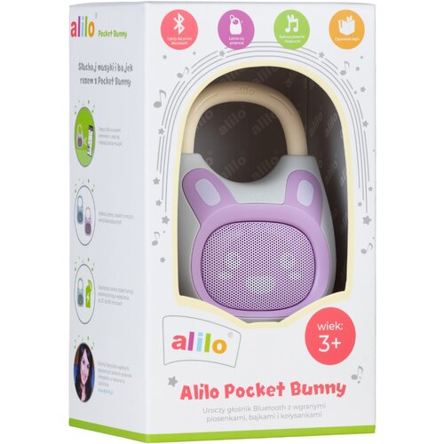 Fioletowo-waniliowy głośnik mobilny w kształcie króliczka znajduje się w opakowaniu z okienkiem, na którym widnieje napis "alilo Pocket Bunny" oraz informacja "wiek: 3+". Na opakowaniu znajdują się także ikony symbolizujące funkcje urządzenia oraz tekst: 
