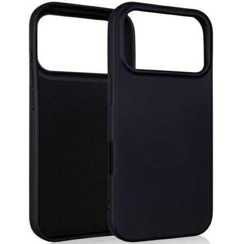 Czarne etui silikonowe do telefonu z dużym wycięciem na aparat, widoczne z przodu i z tyłu. Produkt ma gładką powierzchnię i otwory na przyciski boczne.