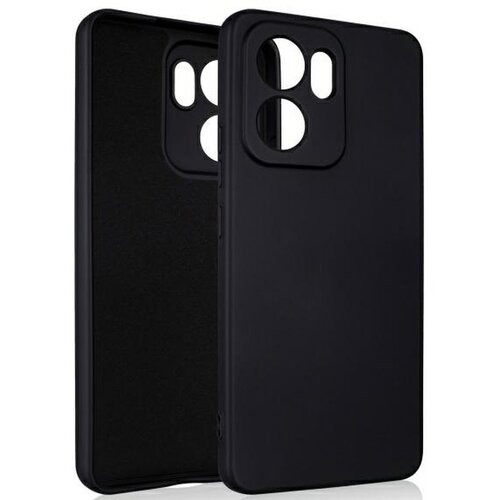 Czarne etui silikonowe z wycięciami na aparat i przyciski, przeznaczone do telefonu Oppo Reno 13 FS. Produkt ma gładką powierzchnię i jest pokazany z przodu oraz z tyłu.
