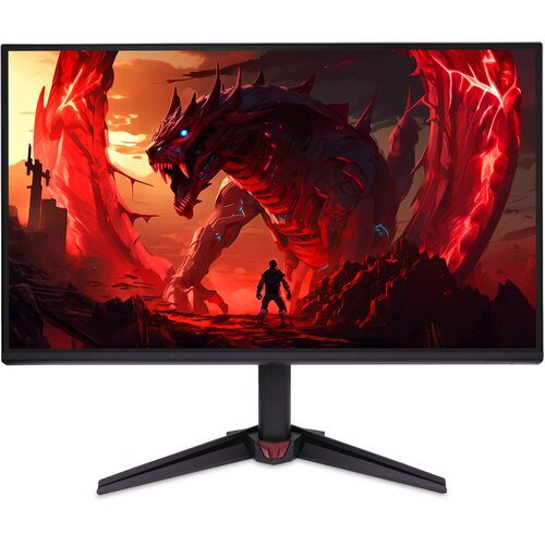 Monitor z wyświetlaczem przedstawiającym dynamiczną scenę z gry, gdzie postać stoi naprzeciwko dużego, czerwonego smoka w otoczeniu ognistych krajobrazów. Monitor ma nowoczesną podstawę w kształcie litery V.