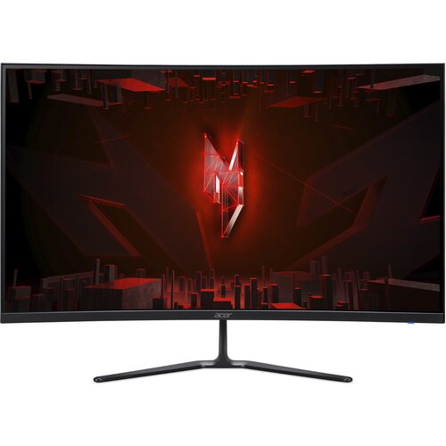 Na zdjęciu widoczny jest monitor marki Acer z zakrzywionym ekranem, na którym wyświetlany jest abstrakcyjny, czerwono-czarny motyw graficzny. Na dolnej ramce monitora znajduje się logo "acer".