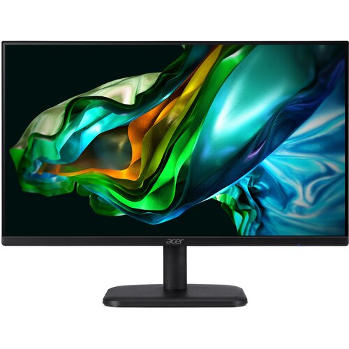 Monitor z cienkimi ramkami wyświetla abstrakcyjną grafikę w intensywnych kolorach zielonym, niebieskim i pomarańczowym. Na dolnej ramce widoczne jest logo "acer".