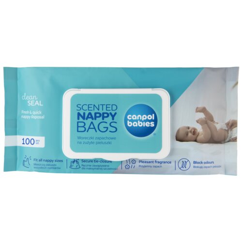 Opakowanie woreczków zapachowych na zużyte pieluszki marki Canpol Babies zawiera 100 sztuk i jest ozdobione zdjęciem niemowlęcia oraz napisami: "Scented Nappy Bags", "Woreczki zapachowe na zużyte pieluszki", "Pleasant fragrance", "Block odours", "Fit all 