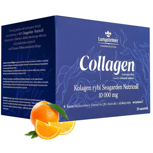 Pudełko kolagenu Langsteiner Pharmaceutical z napisem "Collagen Suplement diety Zawiera substancje słodzące Kolagen rybi Seagarden Nutricoll 10 000 mg" oraz dodatkowymi informacjami o składnikach, takimi jak kwas hialuronowy, koenzym Q10, ekstrakt z dziki