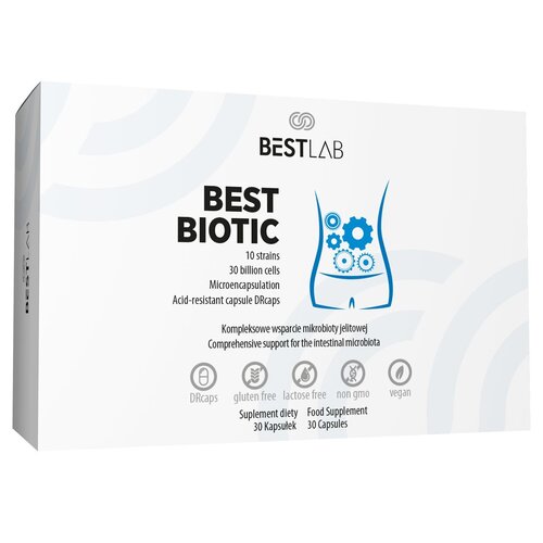 Opakowanie probiotyku BESTLAB BestBiotic zawiera informacje: "10 strains, 30 billion cells, Microencapsulation, Acid-resistant capsule DRcaps" oraz "Kompleksowe wsparcie mikrobioty jelitowej, Comprehensive support for the intestinal microbiota". Na dole w