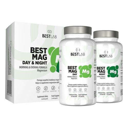 Na zdjęciu znajdują się dwa białe opakowania suplementu diety "BESTLAB BEST MAG DAY & NIGHT" oraz kartonowe pudełko z tym samym produktem. Na opakowaniach widnieje tekst: "BEST MAG DAY MORNING FORMULA Magnesium" oraz "BEST MAG NIGHT EVENING FORMULA Magnes
