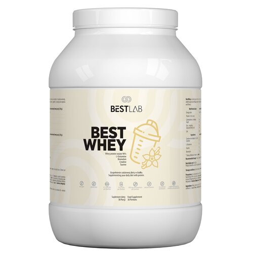 Biały pojemnik z etykietą zawierającą tekst "BESTLAB BEST WHEY" oraz grafikę shakera i wanilii. Na etykiecie znajdują się informacje o składnikach, takich jak izolat białka serwatkowego 90%, glutamina, bromelaina, kreatyna i tauryna.