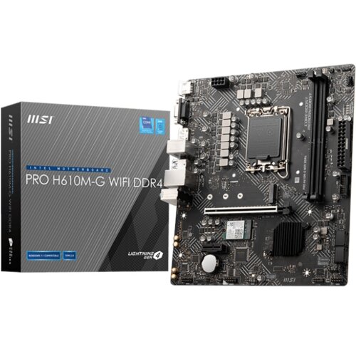 Płyta główna z oznaczeniami technicznymi i złączami, obok której znajduje się pudełko z napisem "PRO H610M-G WIFI DDR4" oraz logo MSI. Na pudełku widoczne są również oznaczenia "INTEL MOTHERBOARD", "LIGHTNING GEN 4" i "WINDOWS 11 COMPATIBLE".