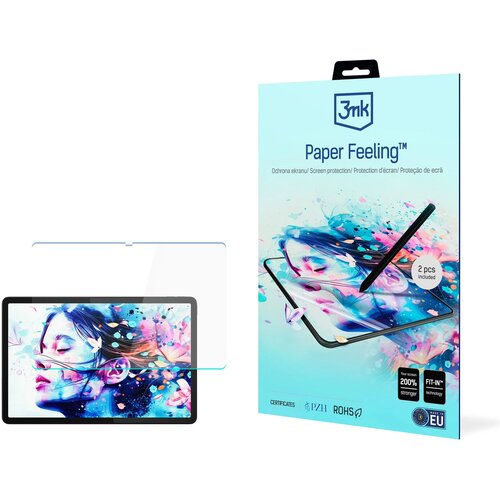 Opakowanie produktu "3mk Paper Feeling" z grafiką przedstawiającą twarz kobiety w artystycznym stylu, obok znajduje się tablet z nałożoną folią ochronną. Na opakowaniu widnieje napis: "Ochrona ekranu/Screen protection/Protection d'écran/Proteção de ecrã",