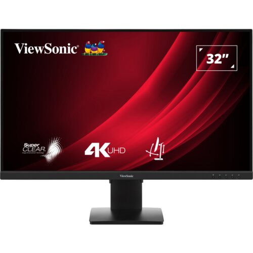 Monitor z czarną ramką i podstawą, na ekranie widoczne logo "ViewSonic" oraz kolorowe ptaki, a także napisy: "SuperClear", "4K UHD" i "32"". Tło ekranu jest czerwone z dynamicznymi liniami.