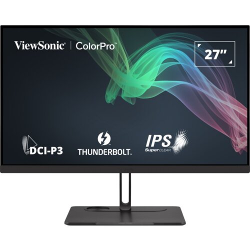 Monitor z czarną ramką, na ekranie widoczne są napisy: "ViewSonic | ColorPro", "DCI-P3", "THUNDERBOLT", "IPS SuperClear" oraz "27”". Tło ekranu jest ciemne z kolorowymi, falującymi liniami.