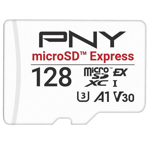 Biała karta pamięci z nadrukiem: "PNY microSD™ Express 128 microSDXC I U3 A1 V30". Widoczne są także symbole i oznaczenia związane z klasą prędkości i standardem karty.