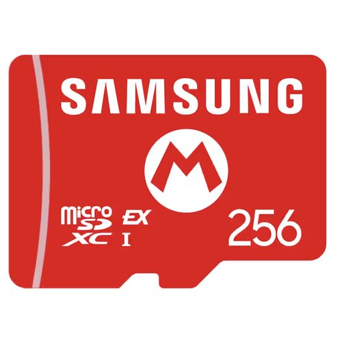 Czerwona karta pamięci z białym napisem "SAMSUNG" na górze oraz dużą liczbą "256" w prawym dolnym rogu. Na karcie znajdują się także symbole "microSDXC", "EX", "I" oraz logo z literą "M" w białym okręgu.