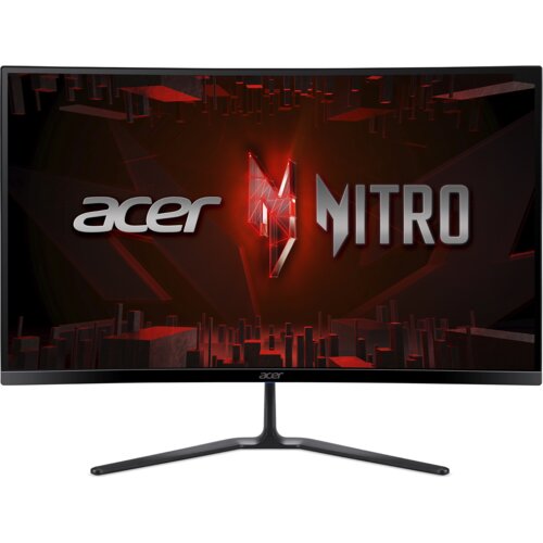 Monitor o zakrzywionym ekranie z wyświetlonym logo "acer NITRO" na tle czerwono-czarnych geometrycznych kształtów. Na dolnej ramce monitora znajduje się napis "acer".