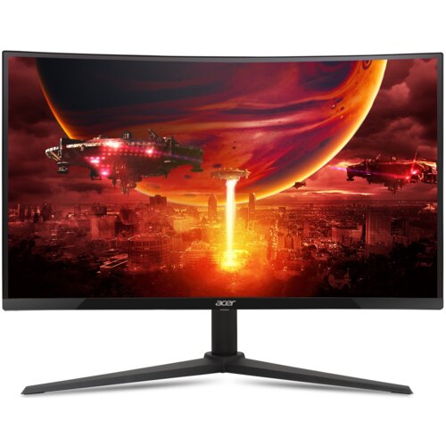 Monitor marki Acer wyświetla dynamiczną scenę science fiction z dużą planetą w tle i statkami kosmicznymi nad miastem, z którego emanuje jasne światło. Na dolnej ramce monitora widoczne jest logo "acer".