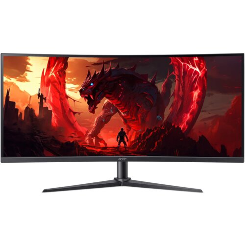 Przedstawiony jest monitor z zakrzywionym ekranem, na którym wyświetlana jest dynamiczna scena z gry, ukazująca postać stojącą naprzeciw dużego, czerwonego smoka na tle płonącego krajobrazu. Na dolnej ramce monitora widoczne jest logo "acer".