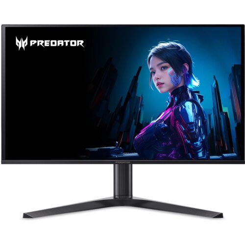Monitor z logo "Predator" w lewym górnym rogu ekranu, wyświetlający grafikę przedstawiającą postać w futurystycznym stroju na tle miasta. Monitor ma smukłą ramkę i stoi na solidnej podstawie.
