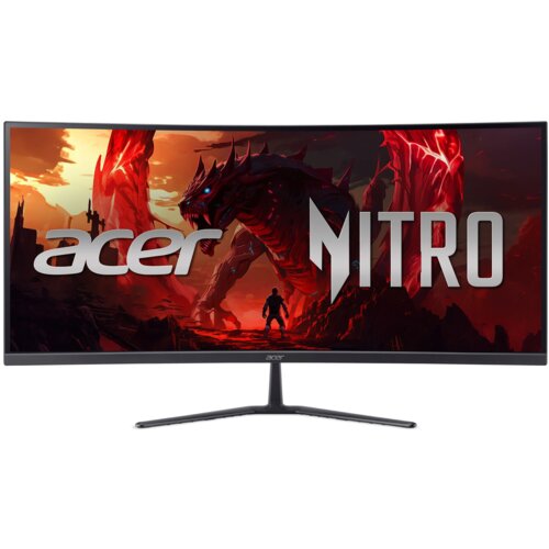 Monitor o zakrzywionym ekranie wyświetla grafikę z czerwonym smokiem i postacią na tle krajobrazu, z dużymi napisami "acer" i "NITRO". Na dolnej ramce monitora widoczne jest logo "acer".