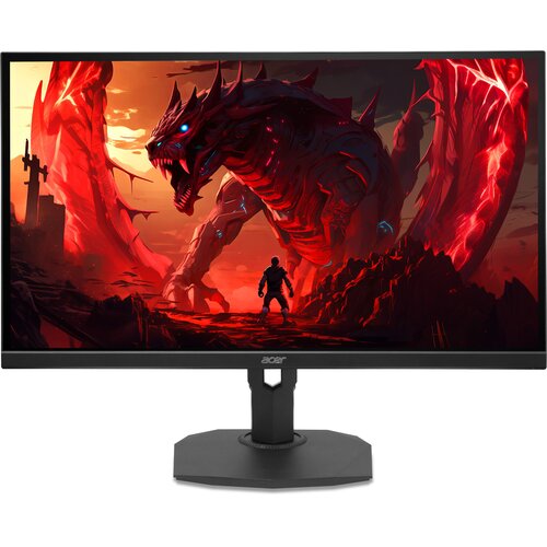 Monitor wyświetla dynamiczną grafikę przedstawiającą postać stojącą naprzeciwko dużego, czerwonego smoka w fantastycznym krajobrazie. Na dolnej ramce monitora widoczne jest logo "acer".