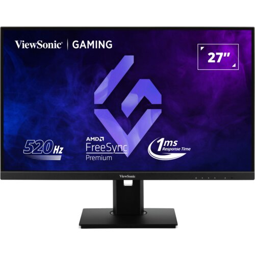 Monitor z wyświetlaczem o przekątnej 27 cali, na którym widoczne są napisy: "ViewSonic | GAMING", "520Hz", "AMD FreeSync Premium", "1ms Response Time". Tło ekranu jest w odcieniach fioletu i niebieskiego, a na środku znajduje się duże logo w kształcie litery "G".