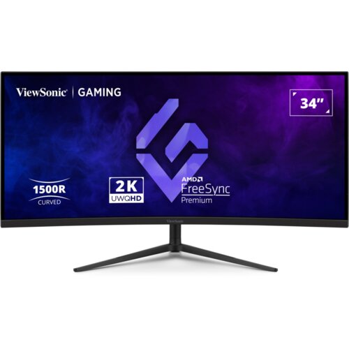 Monitor ViewSonic z zakrzywionym ekranem o przekątnej 34 cale, wyświetla grafikę z tekstem: "ViewSonic | GAMING", "1500R CURVED", "2K UWQHD", "AMD FreeSync Premium" oraz "34"".