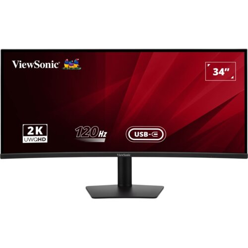 Monitor ViewSonic o zakrzywionym ekranie z logo producenta w lewym górnym rogu, wyświetla informacje: "2K UWQHD", "120 Hz", "USB-C" oraz "34"". Tło ekranu jest czerwone z geometrycznymi wzorami.