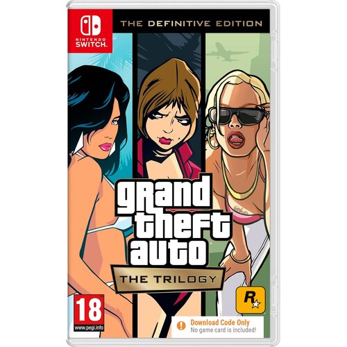 Okładka gry "Grand Theft Auto: The Trilogy – The Definitive Edition" na konsolę Nintendo Switch przedstawia trzy postacie w stylu komiksowym oraz logo gry. Widoczny jest tekst: "Download Code Only. No game card is included" oraz oznaczenie wiekowe 18.
