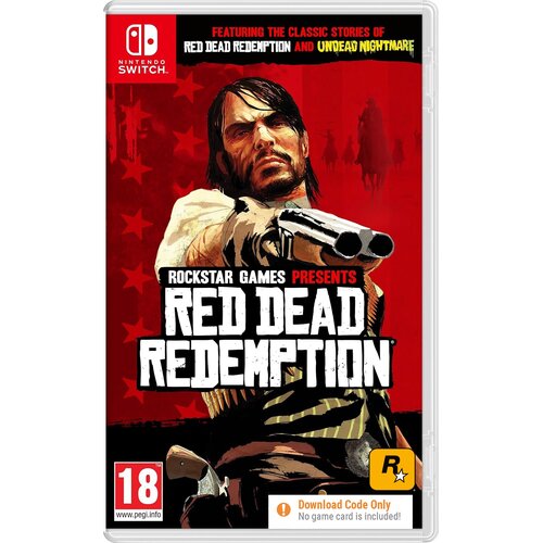 Okładka gry "Red Dead Redemption" na konsolę Nintendo Switch przedstawia postać trzymającą broń na tle czerwonego nieba z gwiazdami i sylwetkami jeźdźców. Widoczny tekst: "Featuring the classic stories of Red Dead Redemption and Undead Nightmare", "Rockst