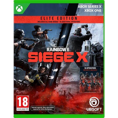 Okładka gry "Tom Clancy's Rainbow Six Siege X - Elite Edition" na konsole XBOX ONE i XBOX SERIES X, z widocznymi postaciami w strojach bojowych oraz tekstem: "ELITE EDITION INCLUDES ALL GAME MODES - 16 ADDITIONAL OPERATORS", "16 OPERATORS INSTANTLY UNLOCK