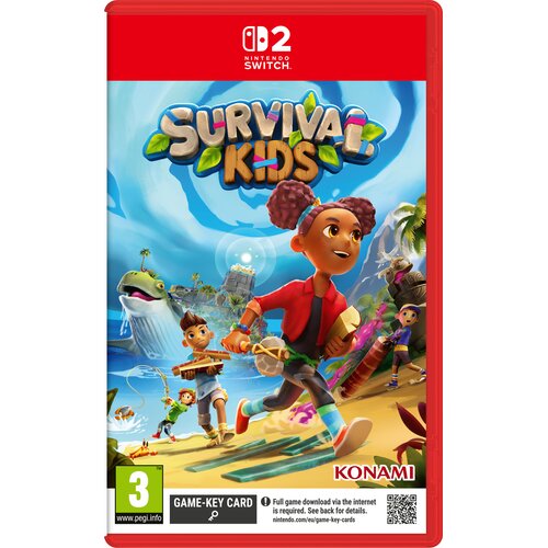 Okładka gry "Survival Kids" na Nintendo Switch przedstawia grupę dzieci na tropikalnej wyspie z dżunglą i oceanem w tle. Widoczne są logotypy Nintendo Switch, Konami oraz oznaczenie wiekowe 3, a także informacja o konieczności pobrania gry przez internet.
