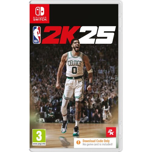 Okładka gry "NBA 2K25" na konsolę Nintendo Switch przedstawia koszykarza w stroju drużyny Celtics na tle tłumu kibiców. Widoczne są logotypy Nintendo Switch, NBA, oraz oznaczenie wiekowe 3+ z informacją "Download Code Only, No game card is included".