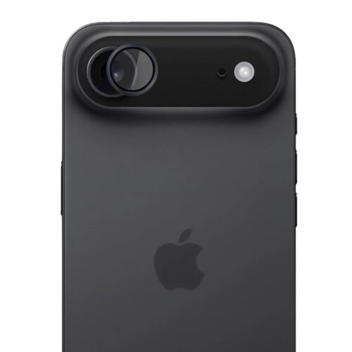 Czarny smartfon z widocznym logo w kształcie nadgryzionego jabłka, posiadający aparat z dwoma obiektywami i lampą błyskową. Na jednym z obiektywów znajduje się szkło ochronne.