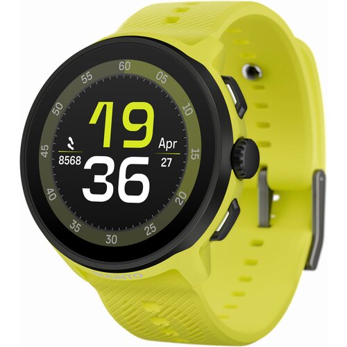 Limonkowy smartwatch z okrągłym wyświetlaczem, na którym widoczna jest godzina 19:36, data 27 kwietnia oraz liczba kroków 8568. Pasek zegarka jest silikonowy, a na obudowie widnieje napis "SUUNTO".