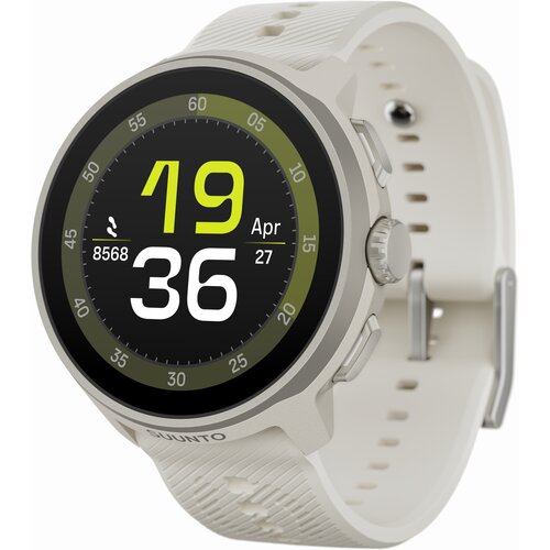Szary smartwatch z silikonowym paskiem, na którego okrągłym wyświetlaczu widoczna jest godzina 19:36, data 27 kwietnia oraz liczba kroków 8568. Na obudowie zegarka znajduje się logo "SUUNTO".