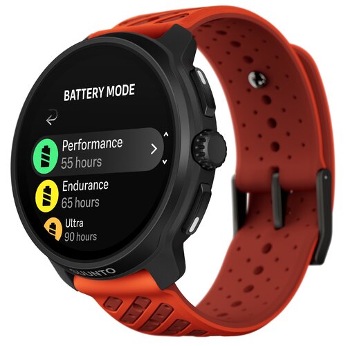 Pomarańczowo-czarny smartwatch z wyświetlaczem pokazującym tryby baterii: "Performance 55 hours", "Endurance 65 hours", "Ultra 90 hours". Na obudowie widoczne jest logo "SUUNTO".