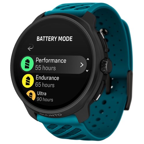 Czarny smartwatch z morskim paskiem wyświetla ekran z napisem "BATTERY MODE" oraz opcjami: "Performance 55 hours", "Endurance 65 hours", "Ultra 90 hours". Na dole ekranu widoczne jest logo "SUUNTO".