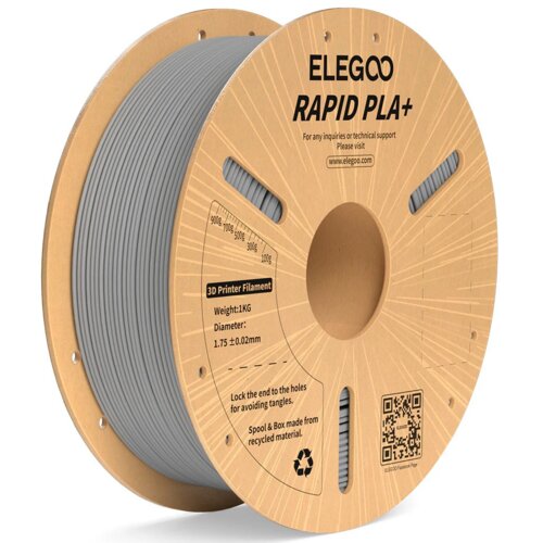 Szpula z szarym filamentem do drukarki 3D, oznaczona jako "ELEGOO RAPID PLA+", o średnicy 1.75 mm i wadze 1 kg. Na opakowaniu widnieje napis: "Spool & Box made from recycled material" oraz kod QR.