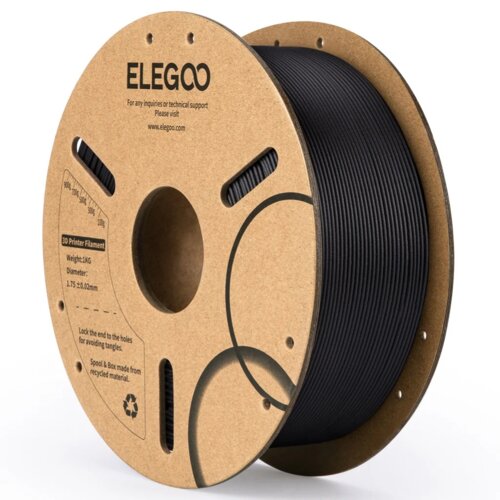 Szpula z czarnym filamentem do drukarki 3D marki ELEGOO, wykonana z materiału pochodzącego z recyklingu, z widocznymi oznaczeniami: "3D Printer Filament", "Weight: 1KG", "Diameter: 1.75 ±0.02mm". Na szpuli znajduje się również napis: "For any inquiries or technical support, please visit www.elegoo.com".