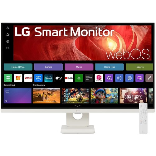 Monitor LG Smart 32U721SA-W.AEU 31.5" 3840x2160px wyświetla interfejs systemu webOS z widocznymi aplikacjami takimi jak Netflix, Prime Video, Disney+, YouTube oraz Xbox. Na ekranie znajdują się także kategorie: Home Office, Games, Music, Home Hub i Sports
