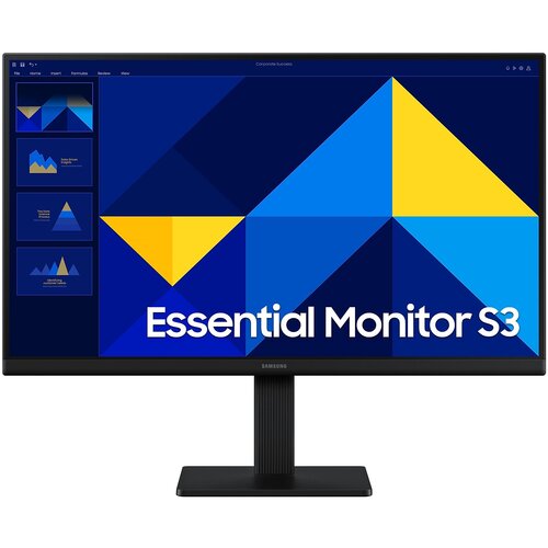 Monitor z wyświetlaczem pokazującym kolorową grafikę z niebieskimi i żółtymi trójkątami oraz tekstem "Essential Monitor S3". Na ramce monitora widoczne jest logo "Samsung".